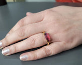 Pink Tourmaline Ring, 13x5mm Oval Shape Curved Gemstone Ring, Double Prong Minimalist Ring, Gold Plated Solid Silver Ring